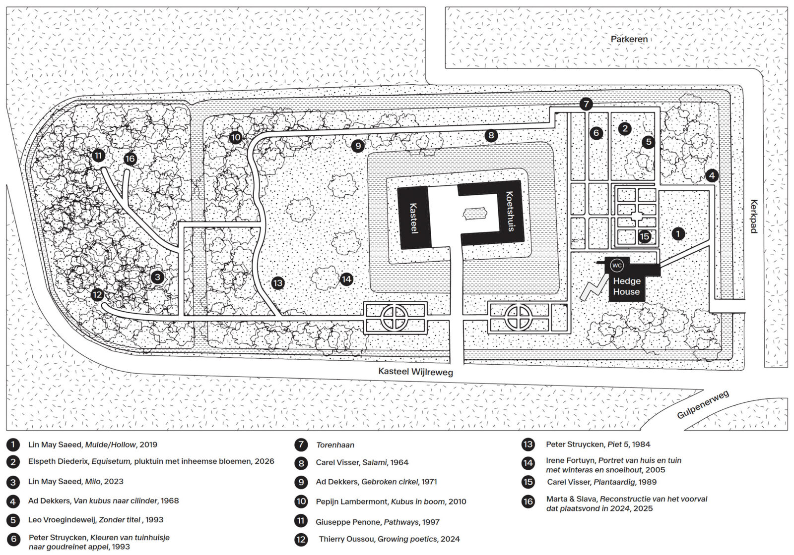 Plattegrond van de tuinen van buitenplaats Kasteel Wijlre, waarop gebouwen, looproutes en kunstwerken zijn aangegeven.